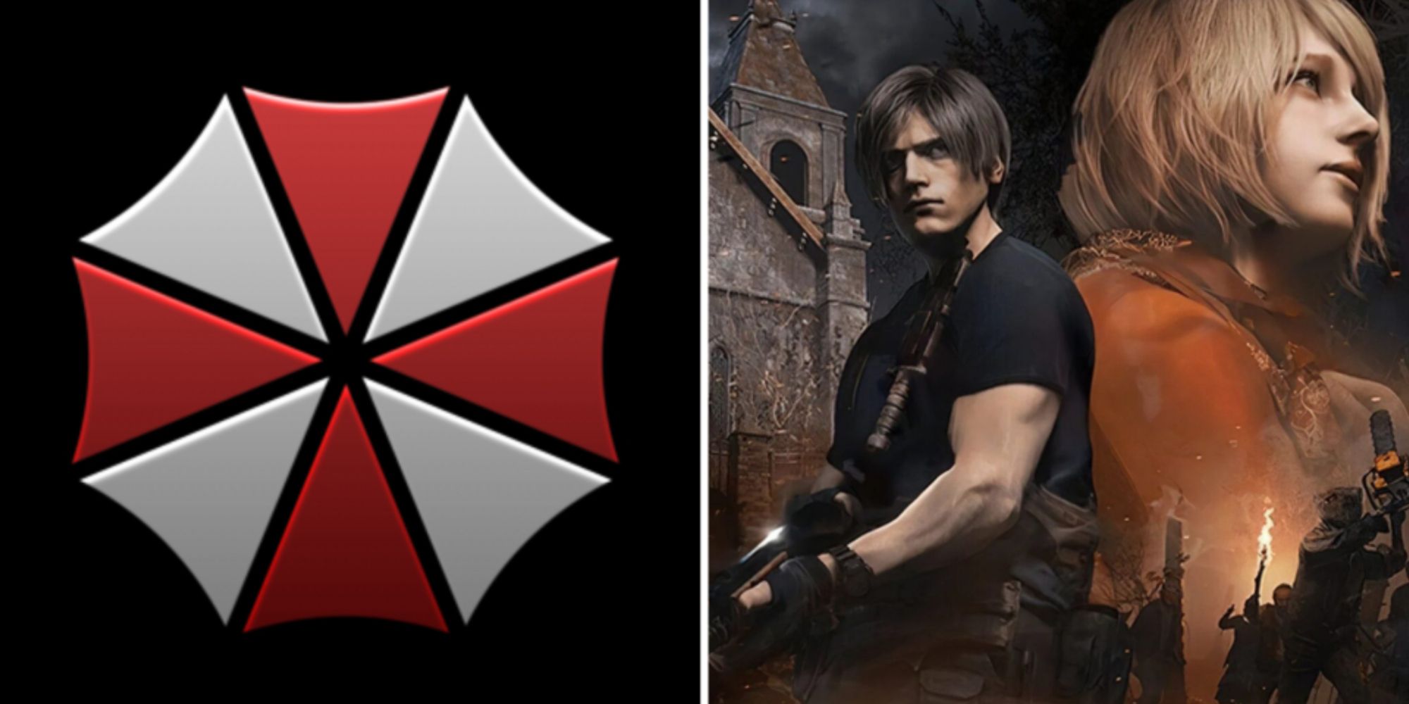 A collage showing the Umbrella logo on the left and official art work of RE4 Remake on the right.