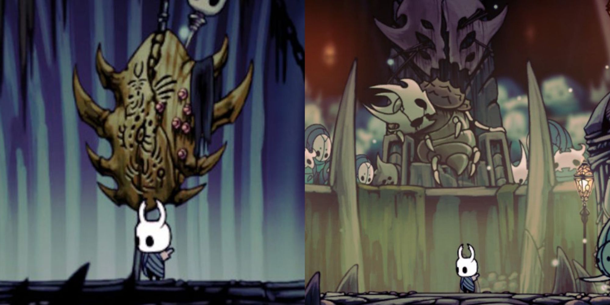 Split images of the Knight outside the Trial of the Fool and the Knight beginning the Trial of the Fool in Hollow Knight.