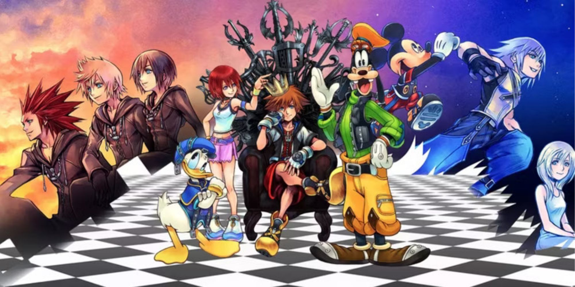 Artwork showing the main cast of Kingdom Hearts including Donald, Goofy and Mickey Mouse alongside series protagonist Sora who's sitting on a crown of weapons with a crown on his head in a smug manner.