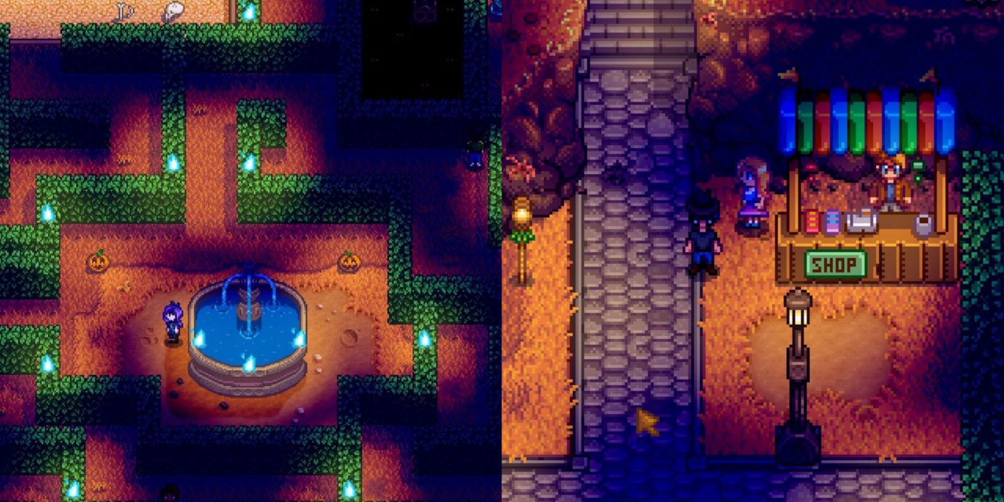 Split images of the Haunted Maze and Pierre's stall at Spirit's Eve in Stardew Valley.