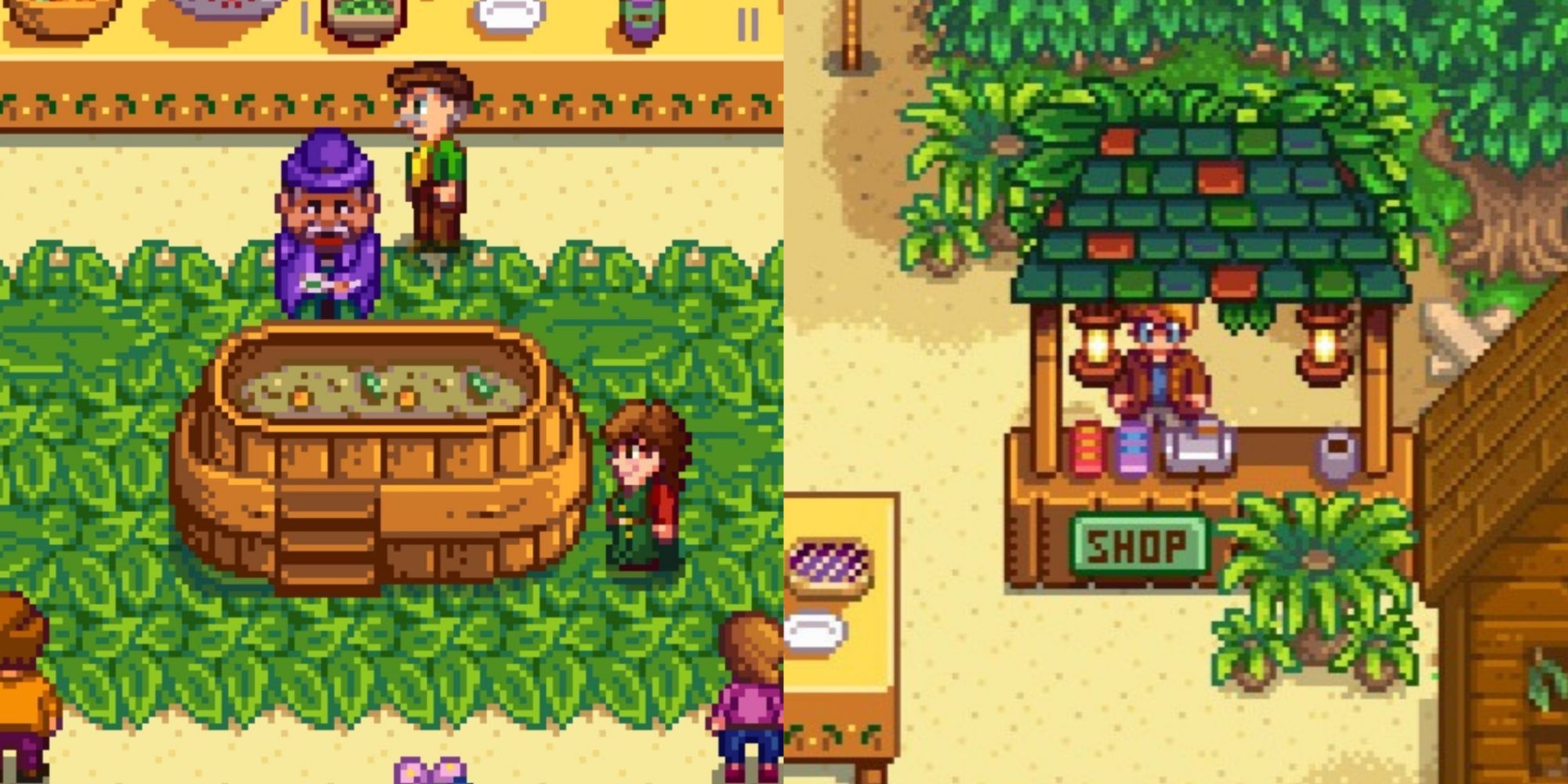 Split image screenshots of the Mayor and Marnie at the Luau and Pierre's shop at the Luau in Stardew Valley.