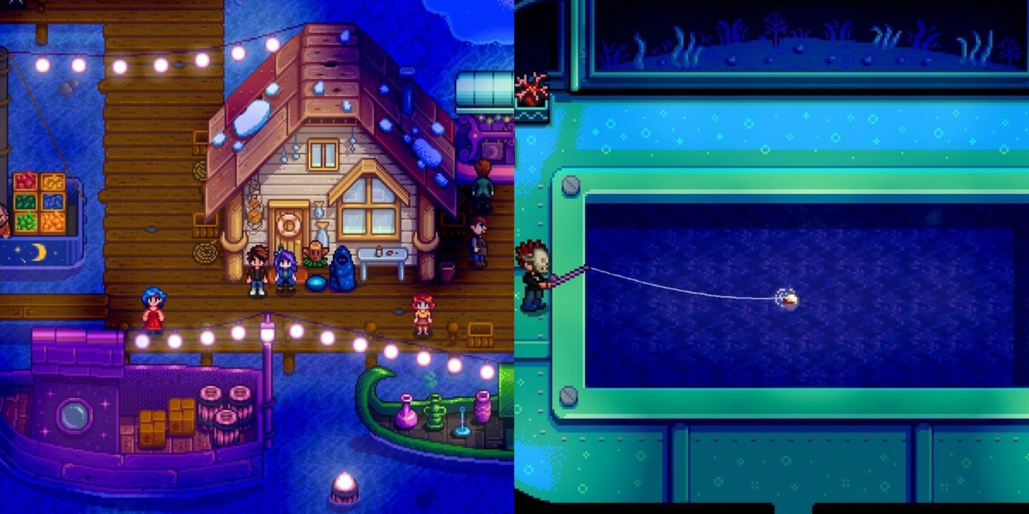 Split image of a player next to the Merchant at the Night Market and Submarine Fishing in Stardew Valley.