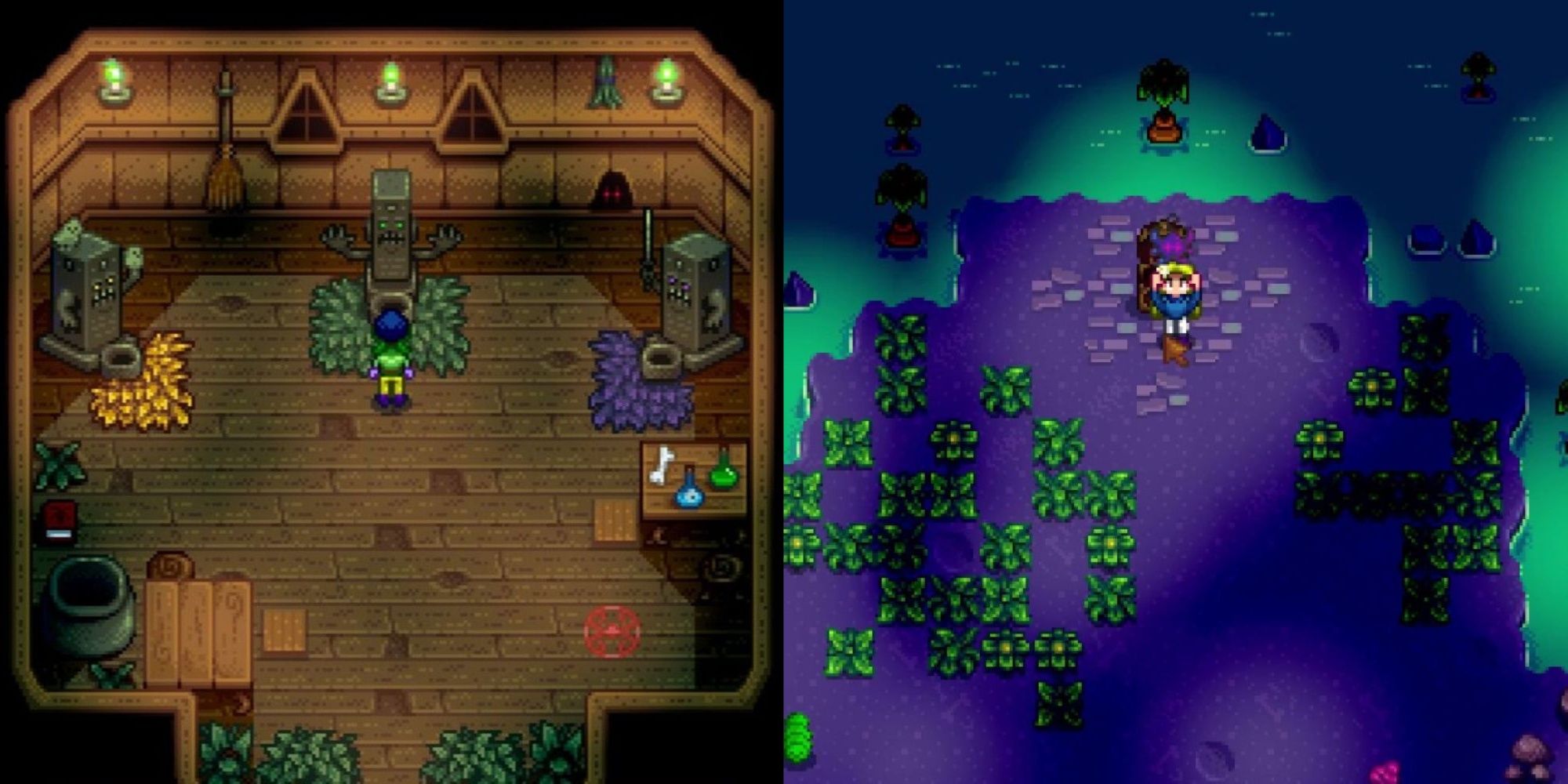 Split image of a player in the Dark Shrines and in the Sewers in Stardew Valley.