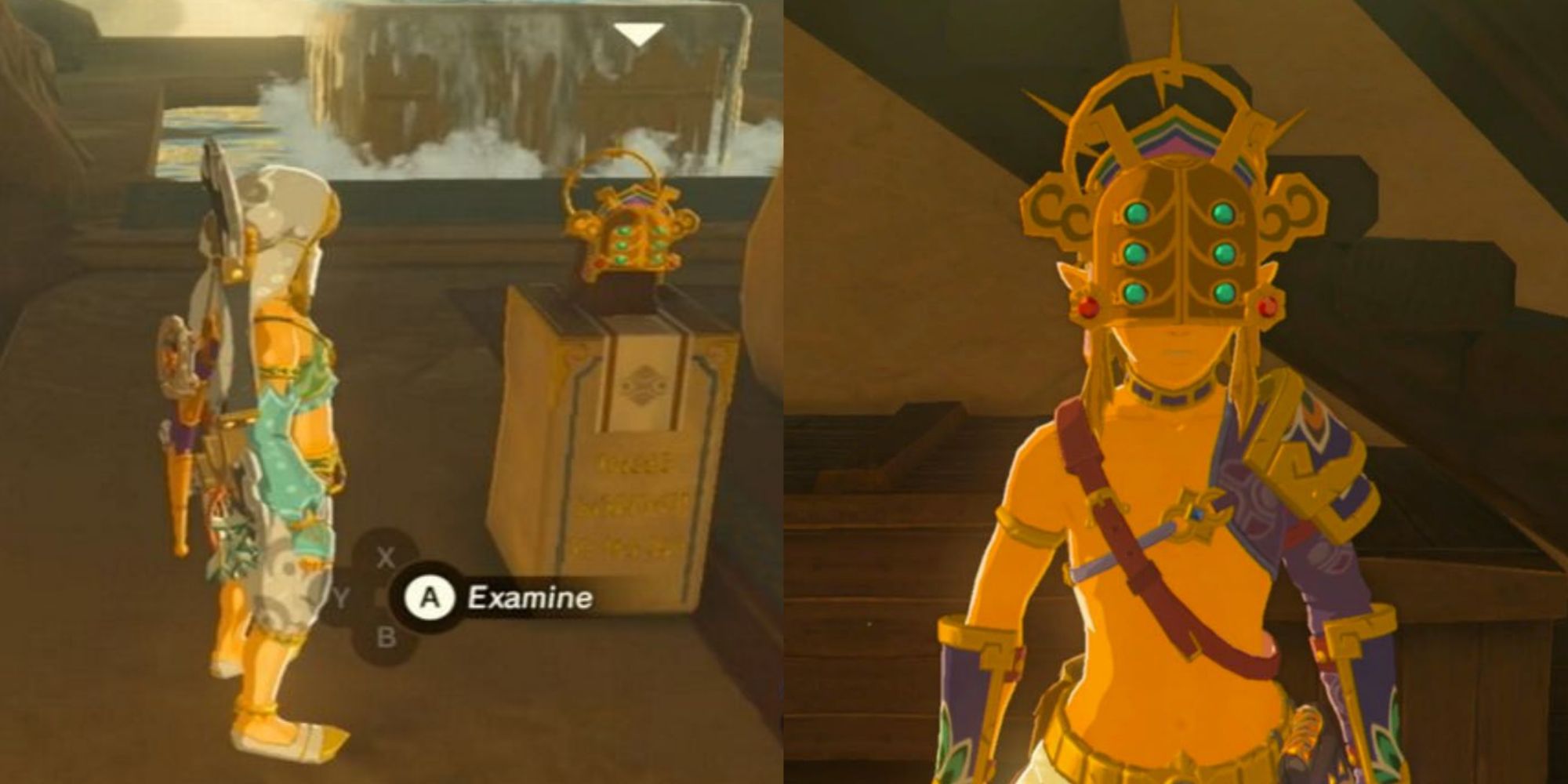 Split images of Link examining the Thunder Helm in Riju's Throne Room and wearing the Thunder Helm in BOTW.