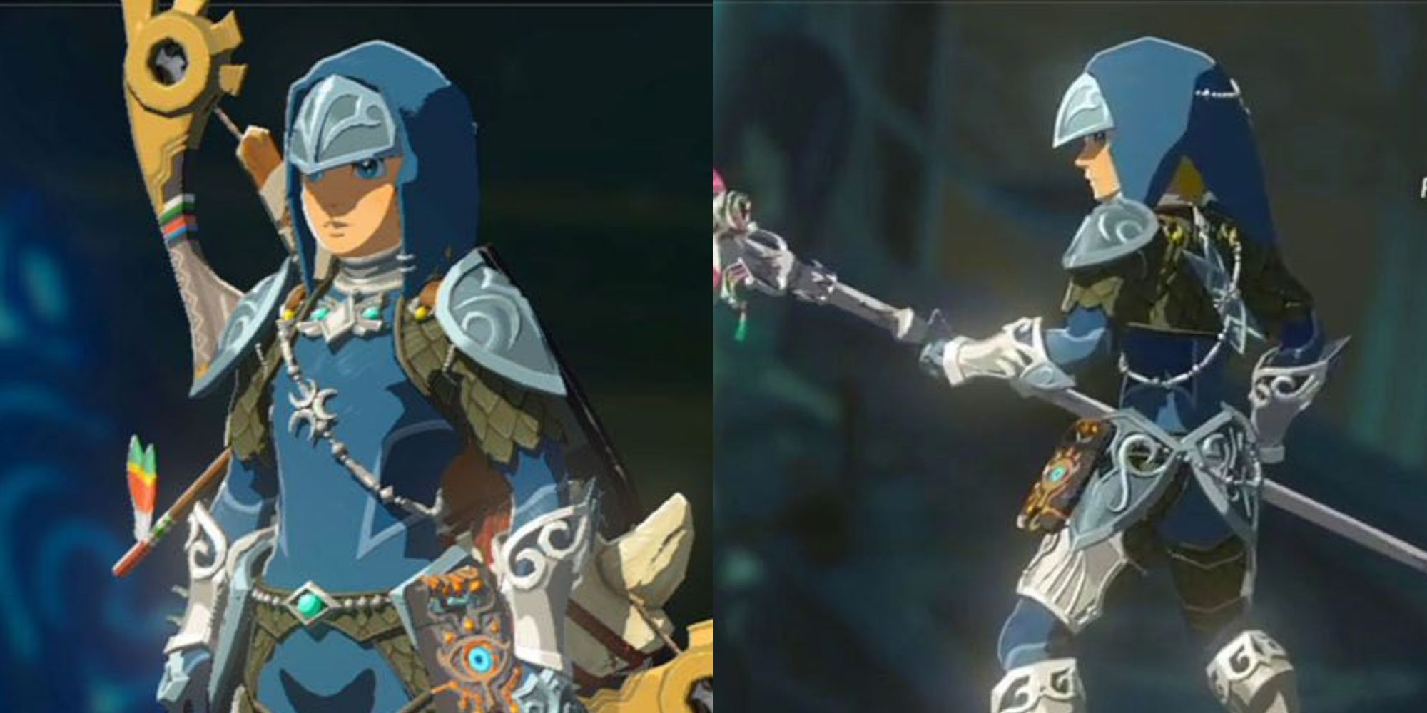 Split image screenshots of Link wearing the Zora Armor set in Breath of the Wild.