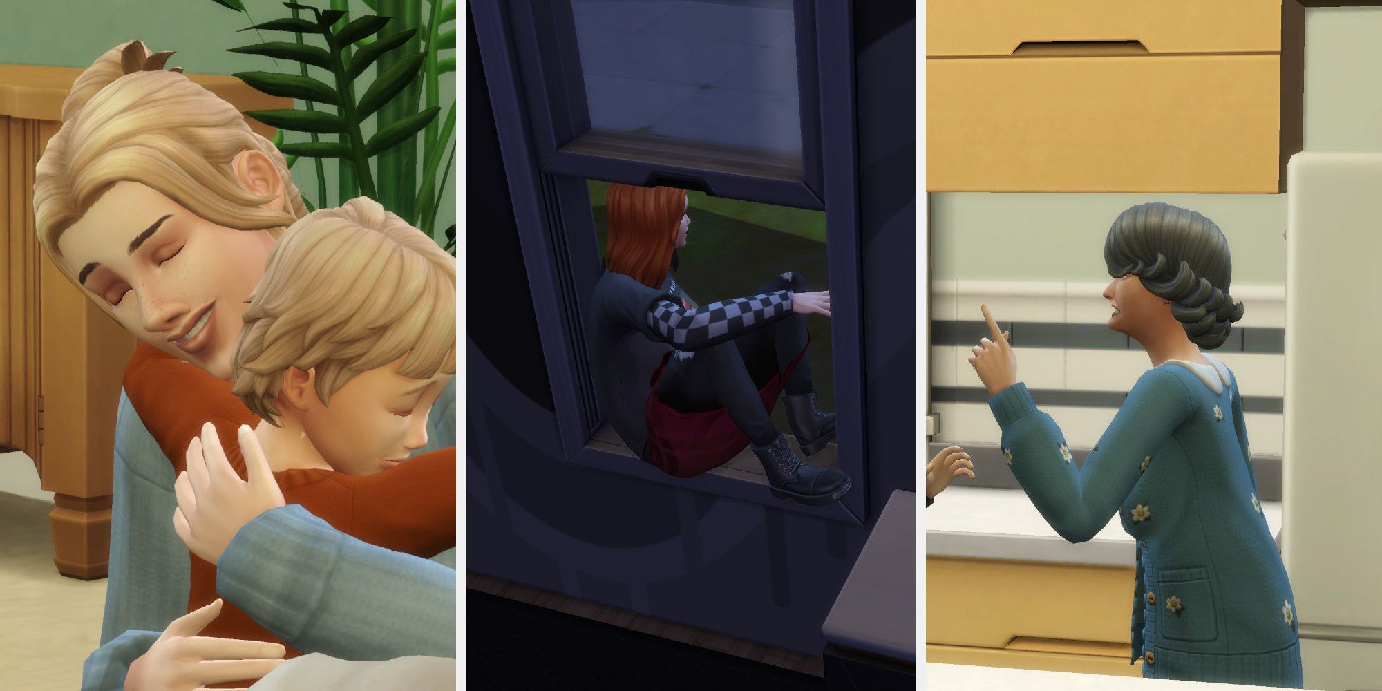Three images pieced together. First shows two Sims hugging. Second shows a Sim sneaking out of a window. Third shows a Sim yelling.