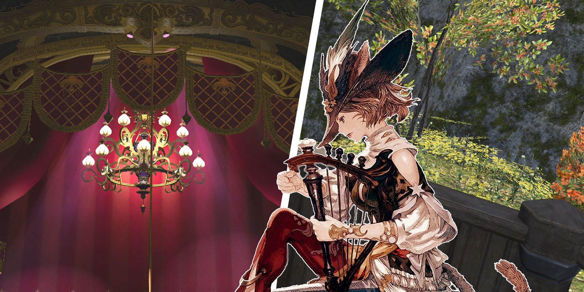 A picture of concept art of the Bard from Final Fantasy 14, split between a lush Gridanian forest and an elaborate stage with a chandelier. 
