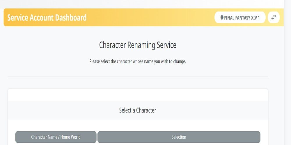 FFXIV Character Rename Service Account Dashboard Character Select