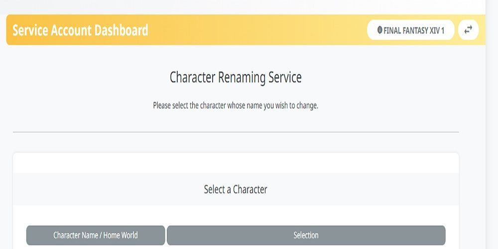 FFXIV Character Renaming Service Account Dashboard Character Select