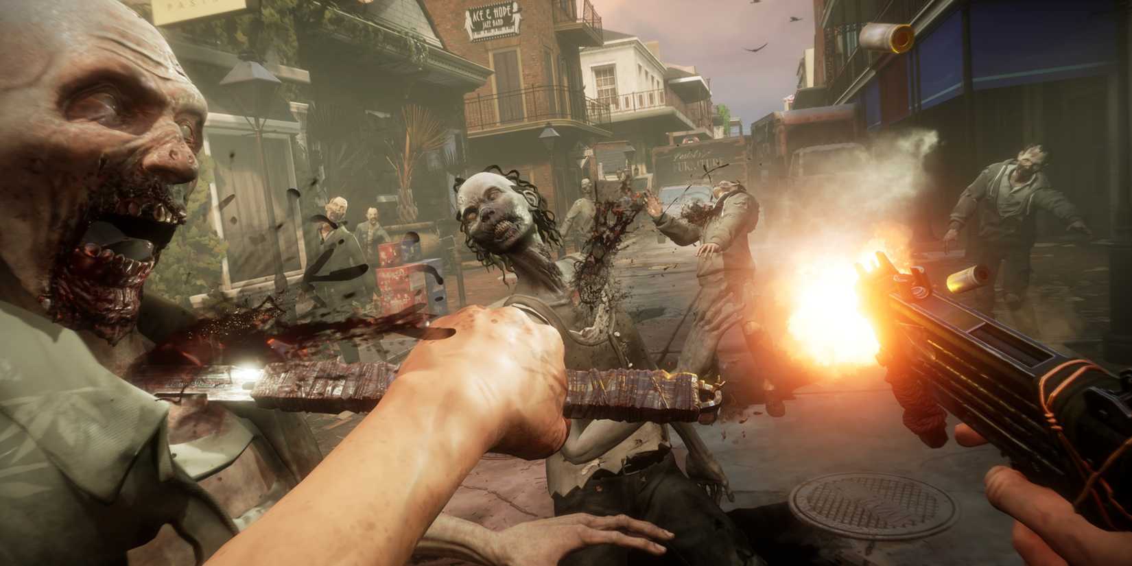 Fighting a horde of walkers in The Walking Dead Saints & Sinners Tourist Edition.