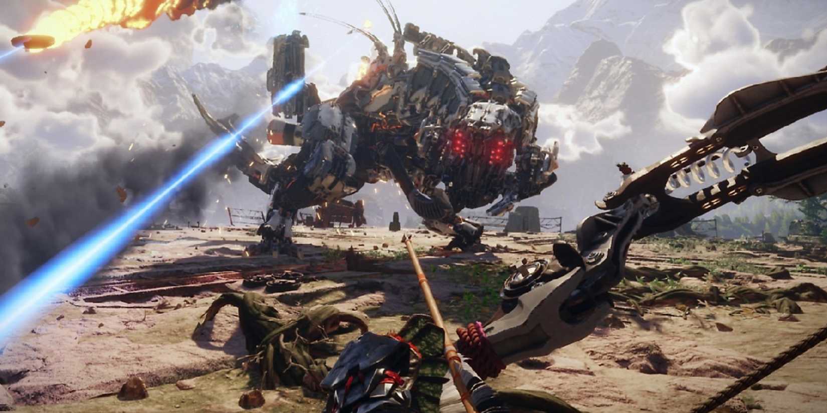 The player fighting a Thunderjaw with a bow in Horizon Call of the Mountain.