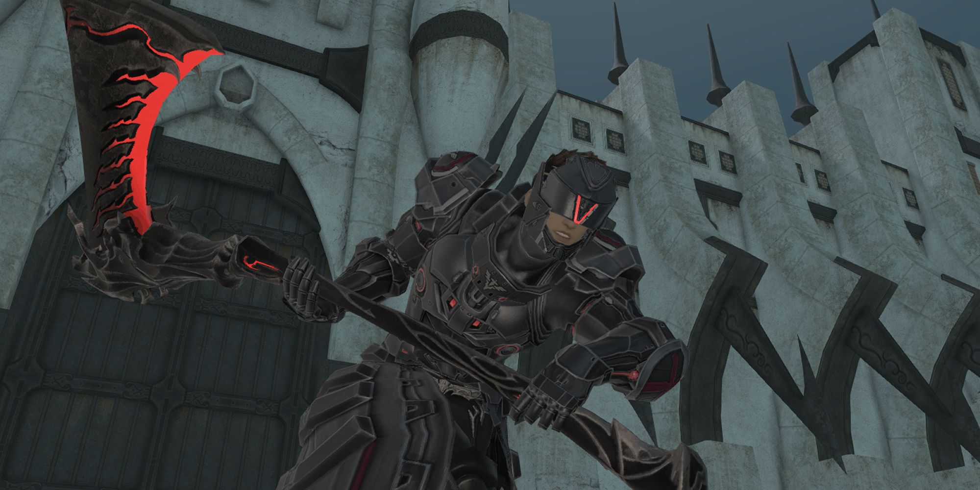 A heavily-armoured warrior charging into battle. He is holding a violent-looking axe, and is in front of heavy castle walls.