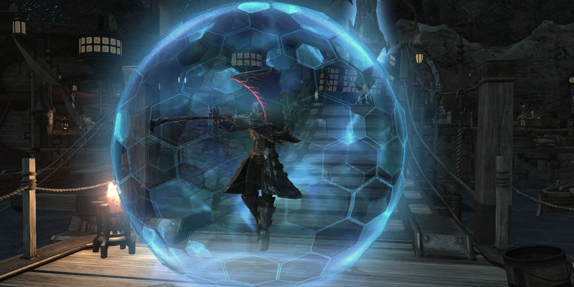 A warrior from Final Fantasy 14 uses the PvP action Guard, floating in the air while a hexagonal shield surrounds him.