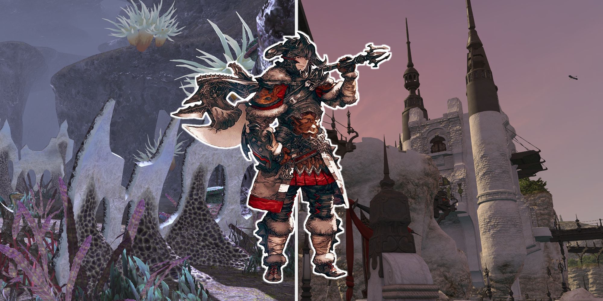 A warrior from Final Fantasy 14 in heavy armour with a large axe. There is a split image of a cliffside town and an aquatic battlefield.
