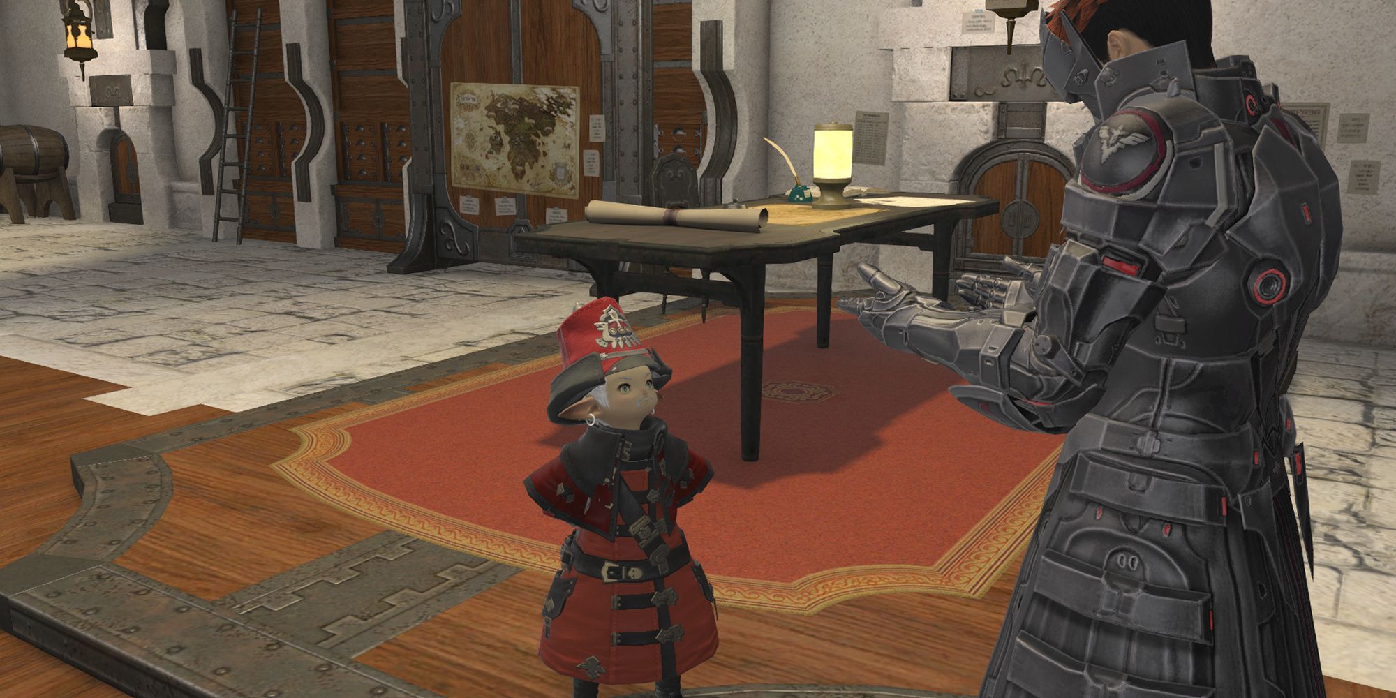 A heavily-armoured warrior from Final Fantasy 14 discusses PvP Frontline Strategy with a fellow member of the Maelstrom.