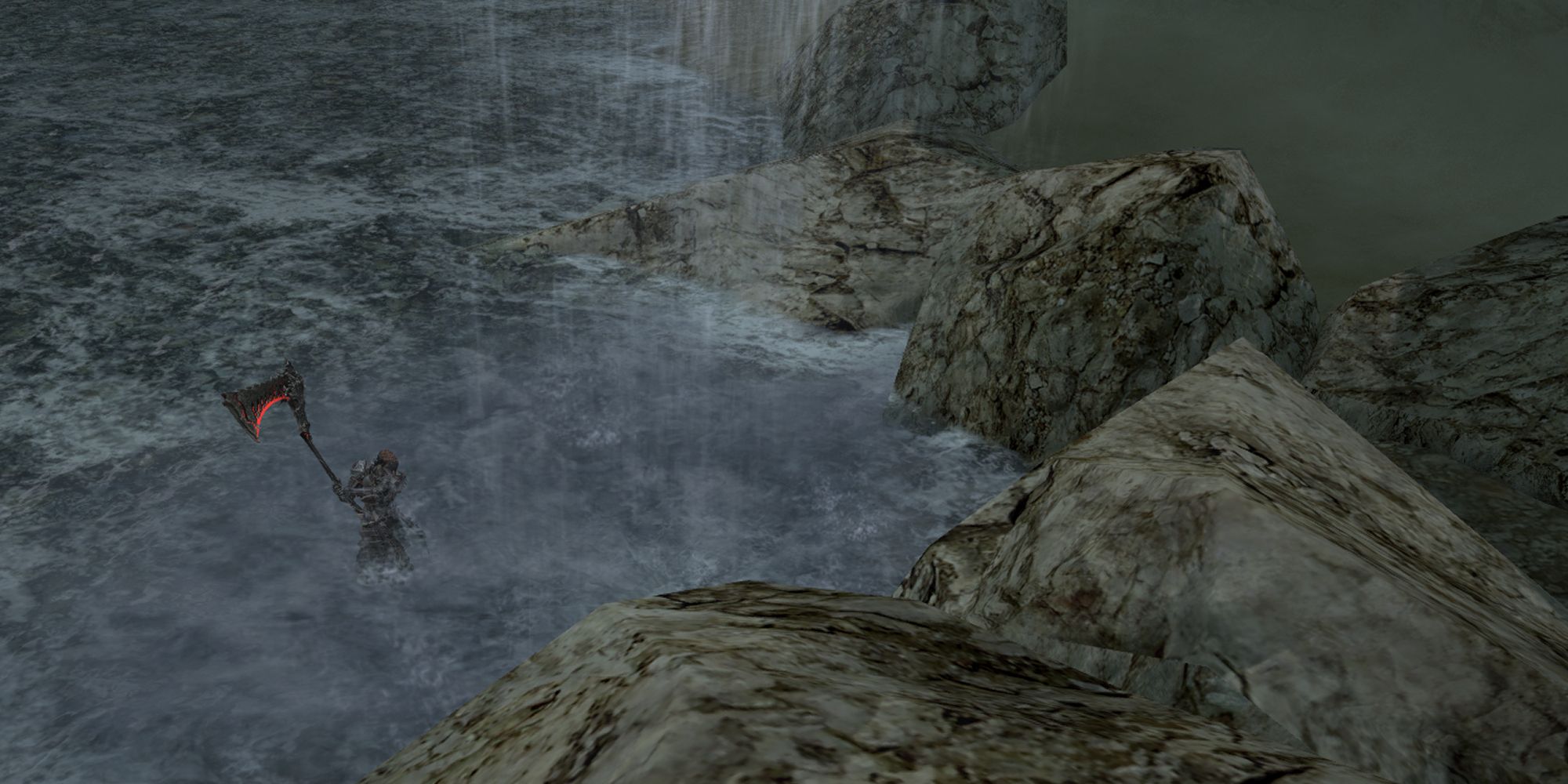 An image of a heavily-armoured warrior from Final Fantasy 14 training by swinging an axe into a waterfall.