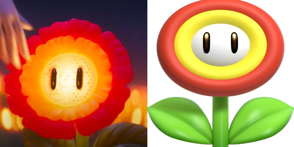 Video game and movie fire flowers side by side