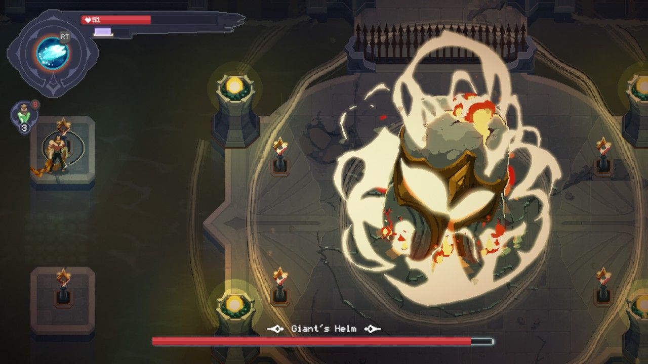 Sylas uses one of the side platforms to avoid the Giant's Helm's shockwave attack in The Mageseeker: A League Of Legends Story.