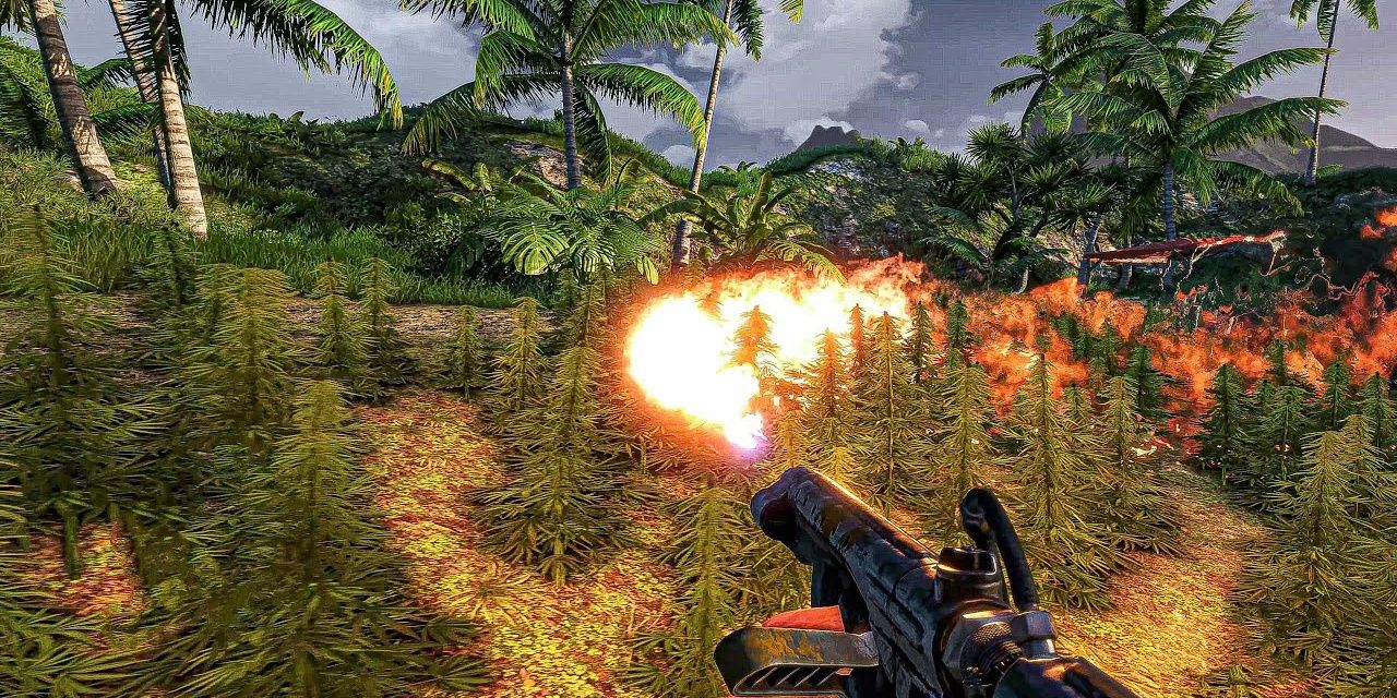 first-person HUD in Far Cry 3 burning field