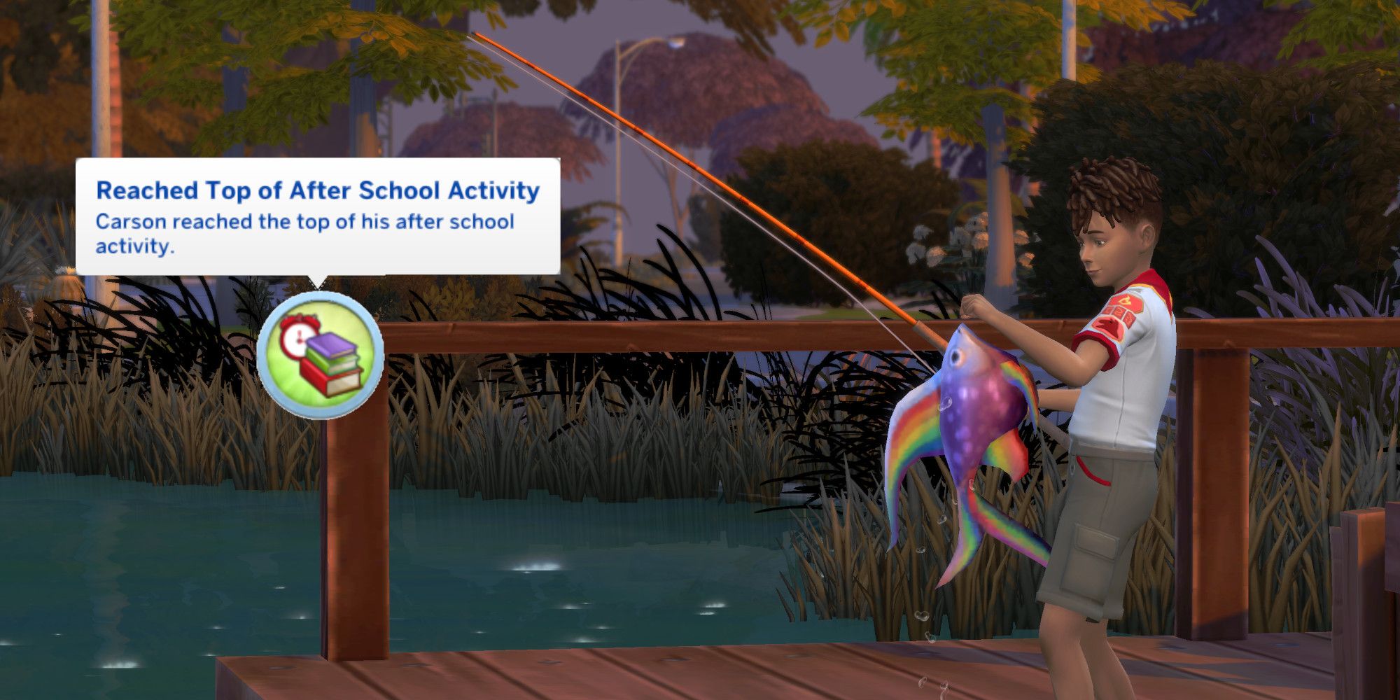 A child Sim holds a rainbow colored fish. A text bubble saying "Reached Top of After School Activity" is next to him.