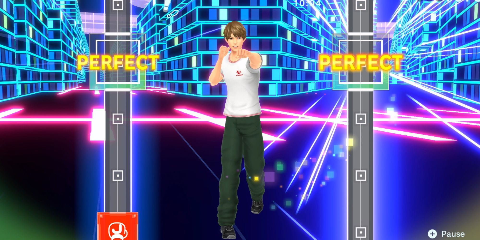 Fitness Boxing avatar doing boxing moves alongside indicators that say perfect