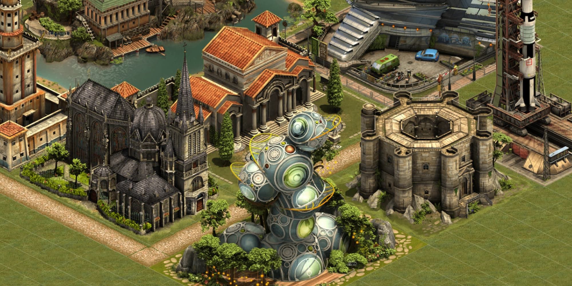 The kingdoms of Forge of Empires have magnificent buildings such as cathedrals and futuristic science buildings.