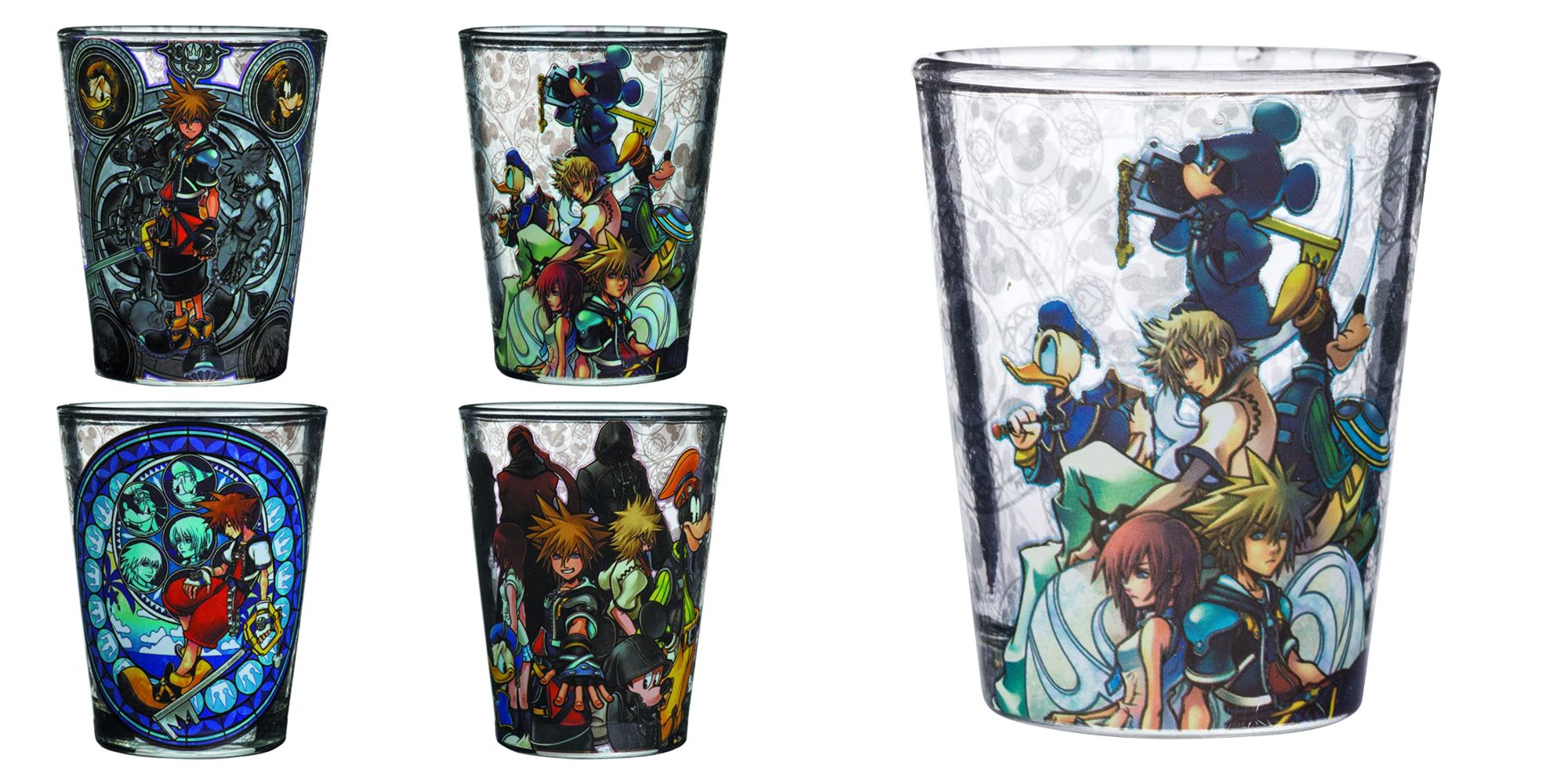 Close up of four Kingdom Hearts glasses and glasses