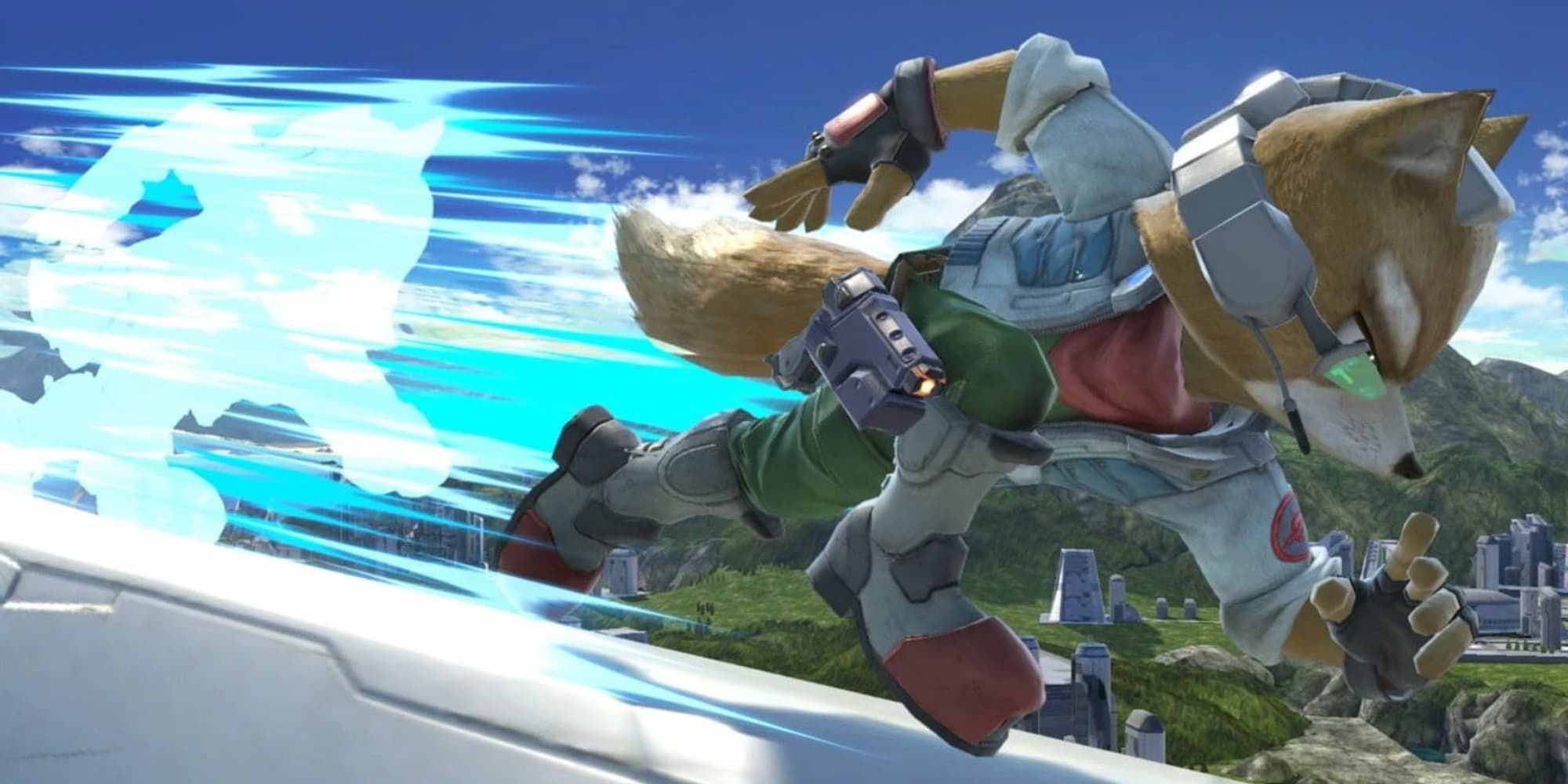 Starfox's Fox McCloud lunges forward in Super Smash Bros. leaving a blue streak behind him.