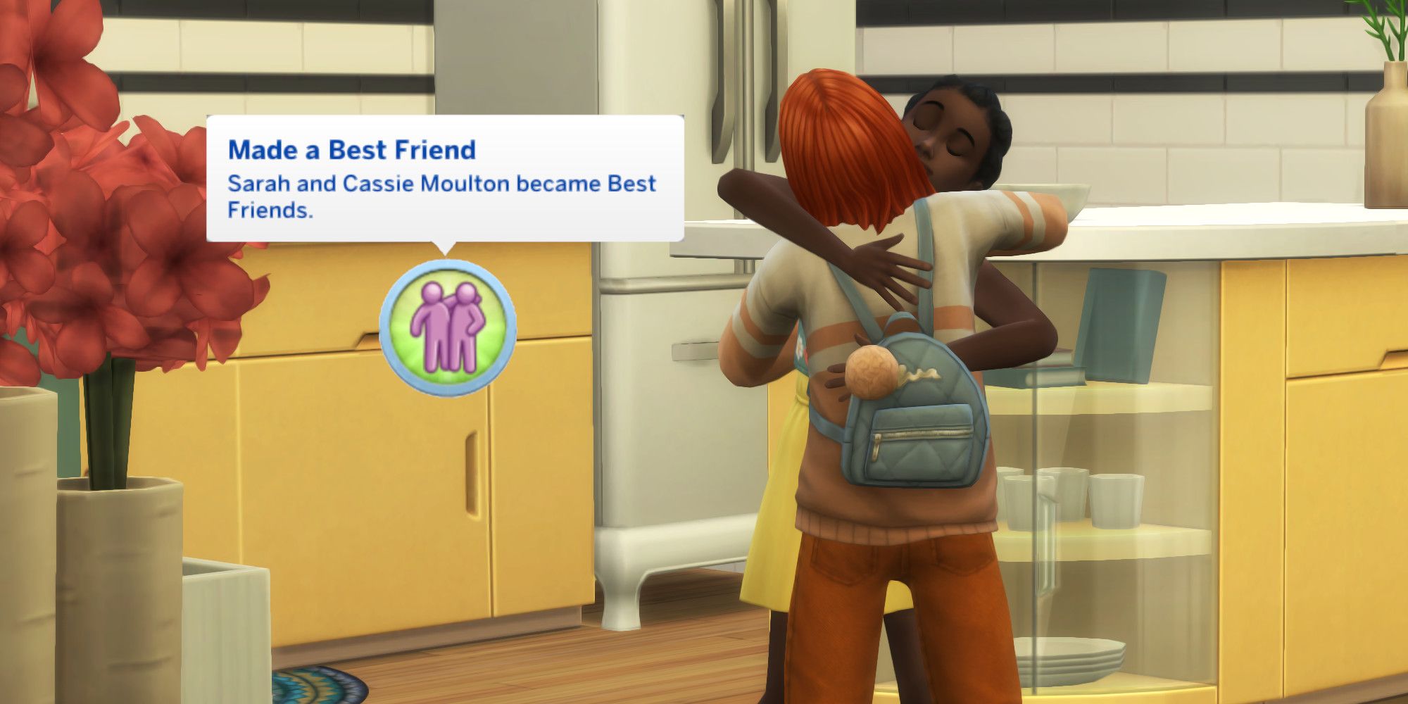 Two child Sims are hugging. A text bubble saying "Made a Best Friend" is next to them.