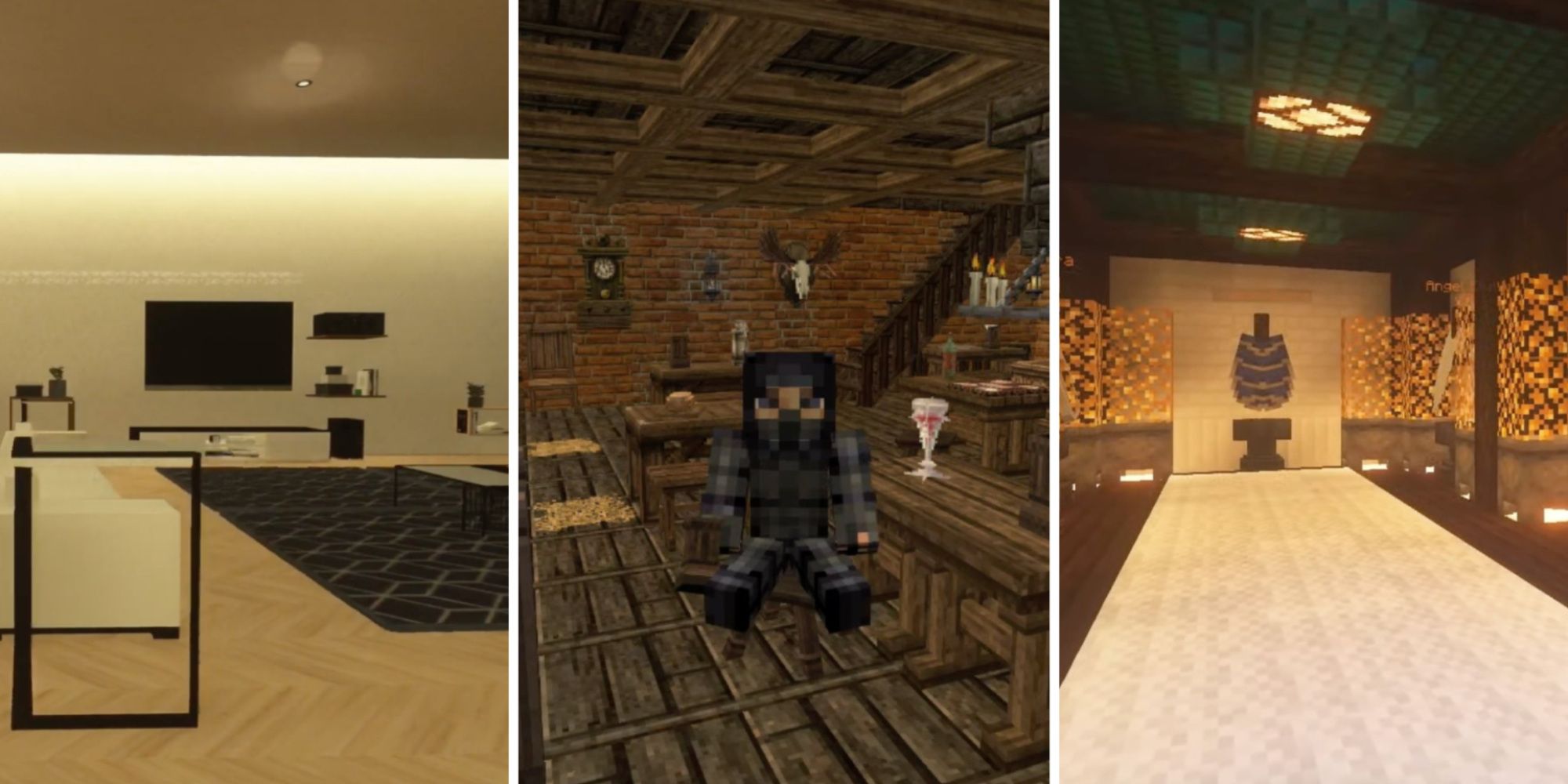 From left to right, a contemporary room designed with the Ultimate Immersion resource pack, a tavern interior in Minecraft designed with the Conquest Reforged resource pack, and an Elytra display room in Minecraft des