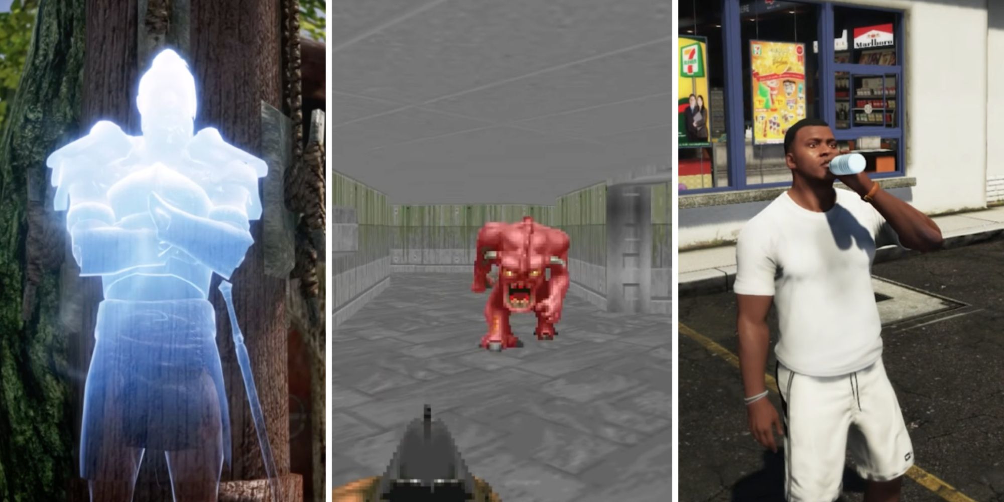 From left to right, a preview of the Grytewake Legend mod in Skyrim, being chased down a corridor by a monster in 1993's Doom, and drinking from a water bottle in Grand Theft Auto V