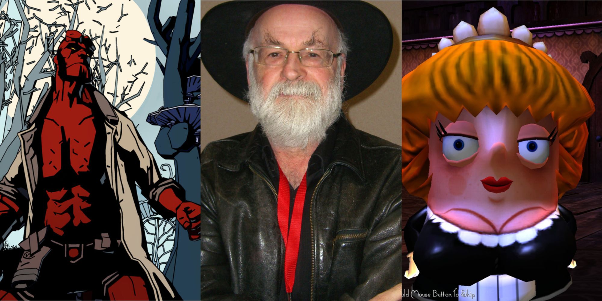 Collage of Hellboy: Web of Wyrd, Terry Pratchett and Wayward Manor, left to right