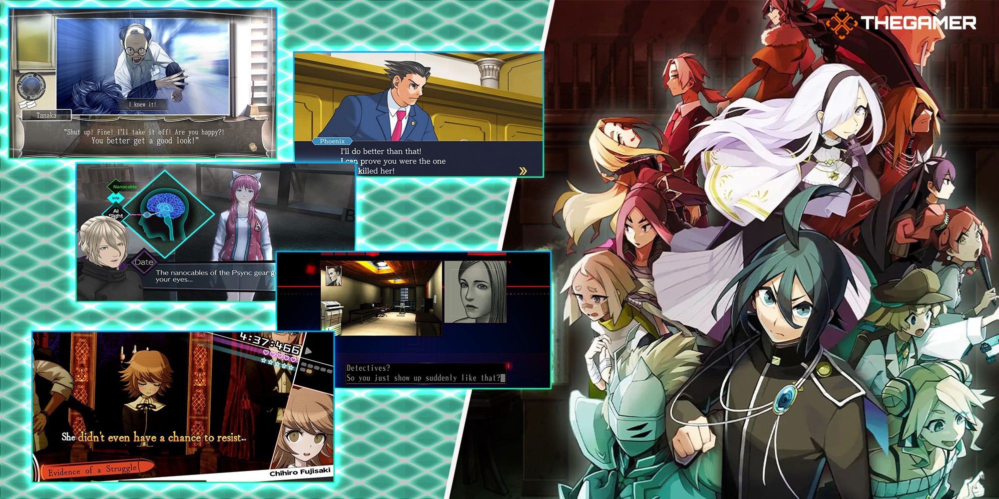 Screenshots from Root Letter, Ace Attorney, AI: The Somnium Files, The Silver Case, and Danganronpa appear on a green grid next to the cast of Process of Elimination.