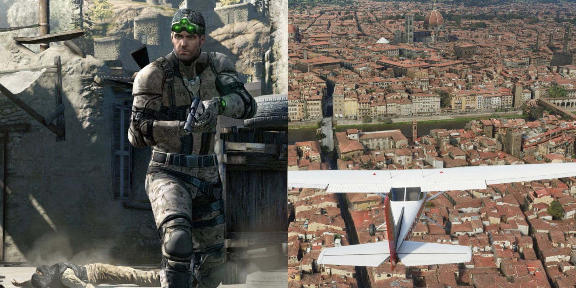 Games That Take You Around The World Featured Split Image Splinter Cell and Microsoft Flight Simulator