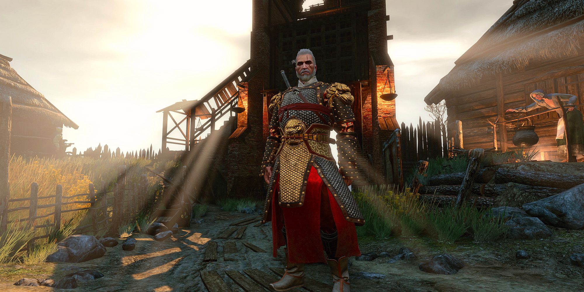 Geralt wearing White Tiger of the West Armor Set in the witcher 3