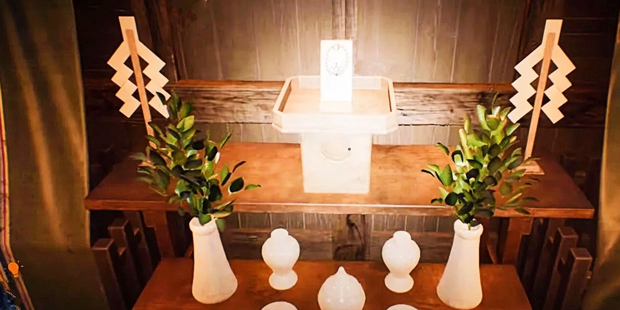 Amulets are placed on the altar, which glows under bright light.
