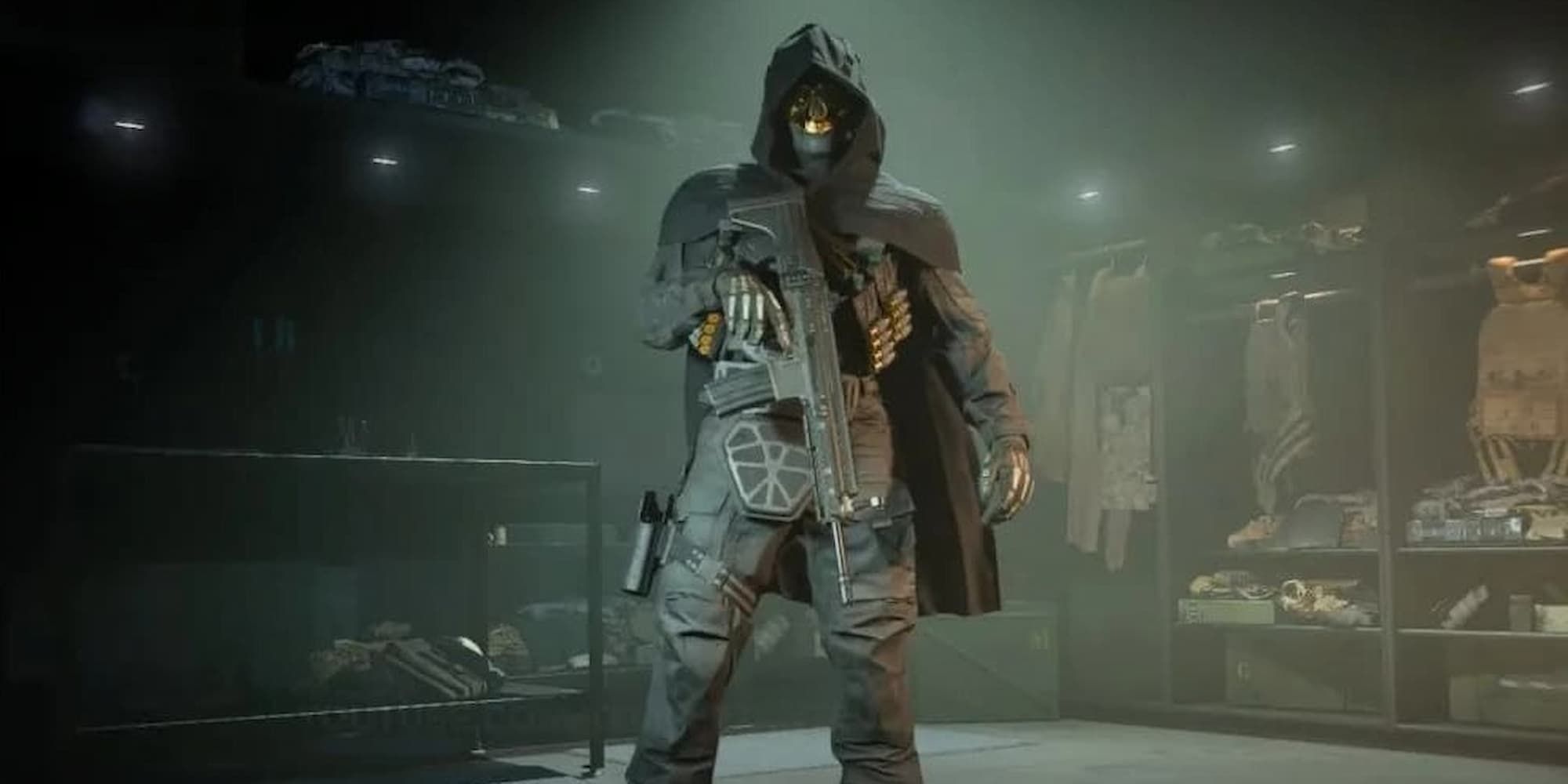 The Gilded Reaper Operator skin for Ghost in MW2 is in his signature stance with one hand holding his weapon.