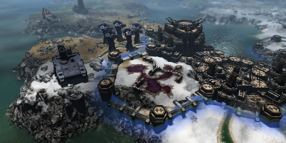 A Tactical Squad and Rhino outside a Space Marine base in Warhammer 40k Gladius:Relics Of War