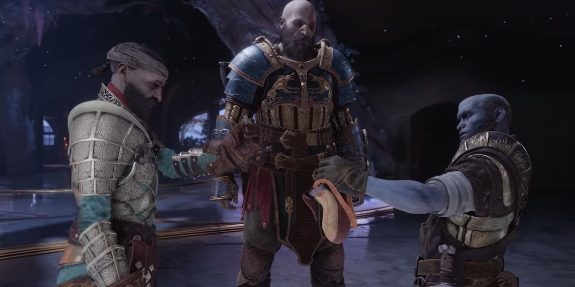 Brok and Sindri talk in front of Kratos inside their house