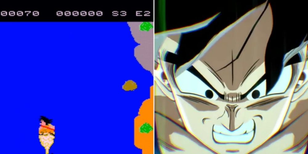 Split image of Goku's first and newest appearance in video games.