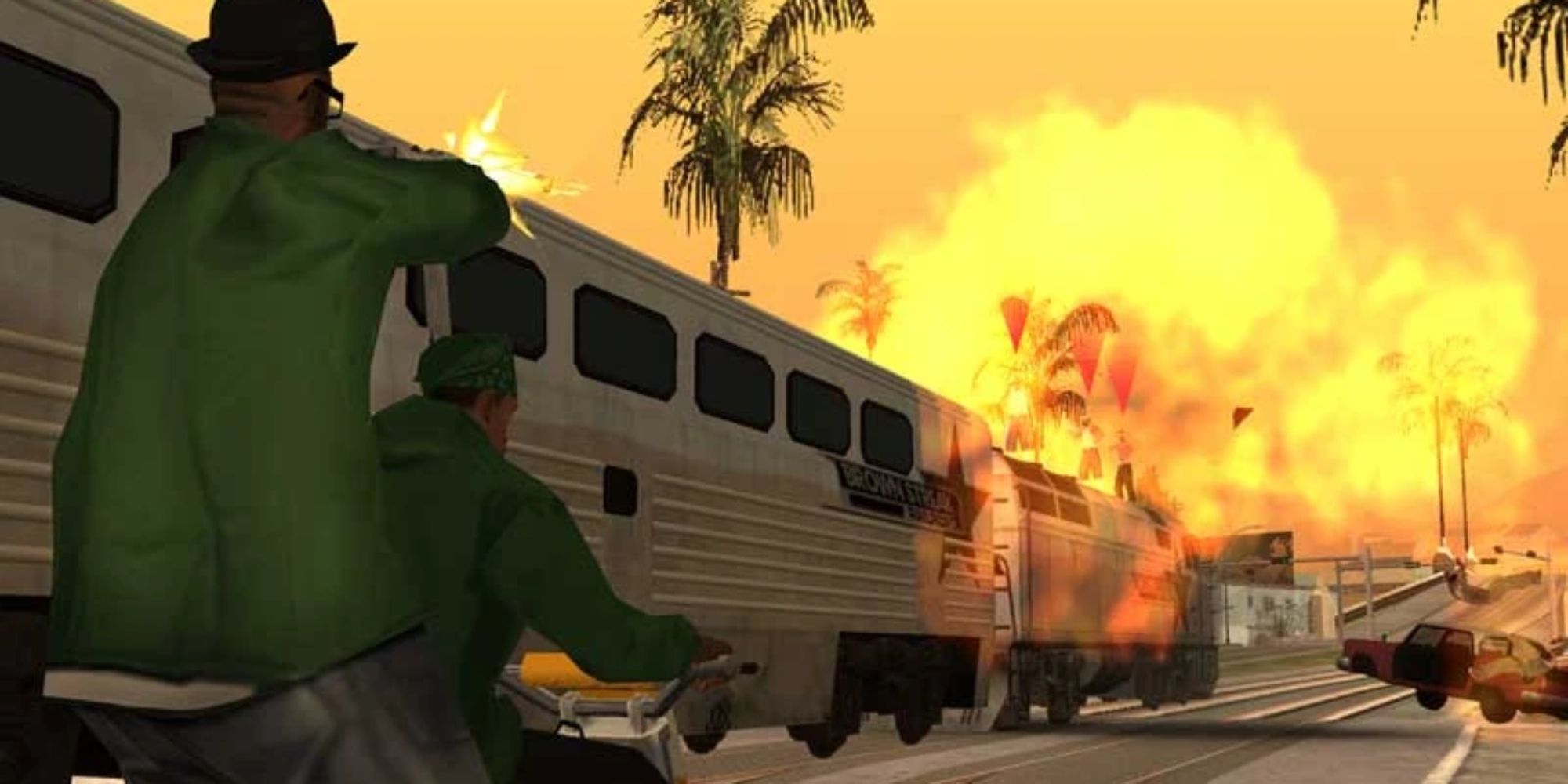 Grand Theft Auto San Andreas Screenshot Of Big Smoke And Cj on Motorcycle Chasing Train
