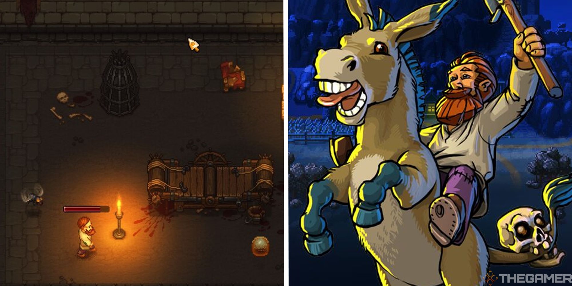 split image showing player in dungeon next to image of player on donkey