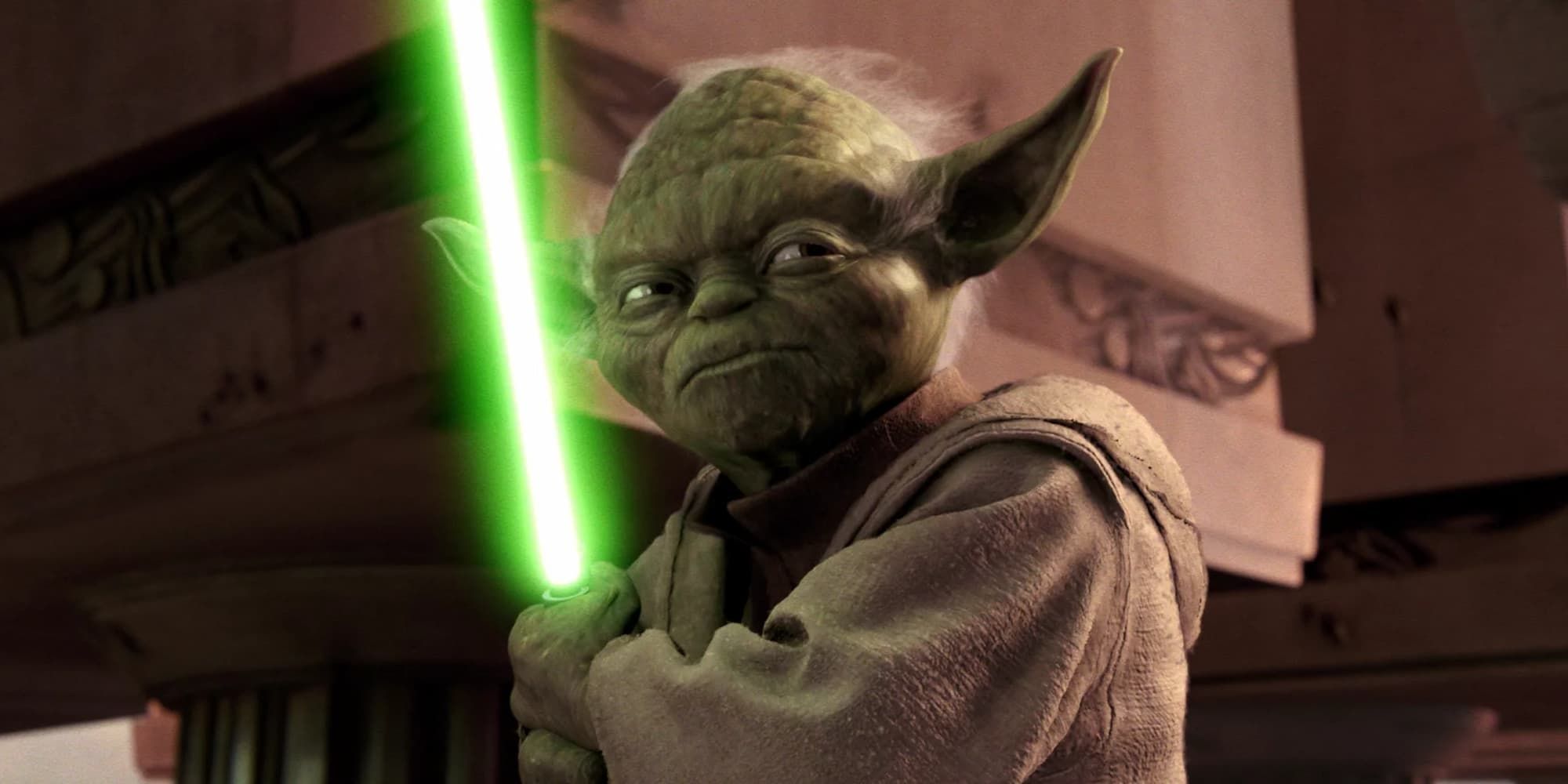 Yoda holds his green lightsaber in Star Wars: Revenge of the Sith after defeating several clone troopers.