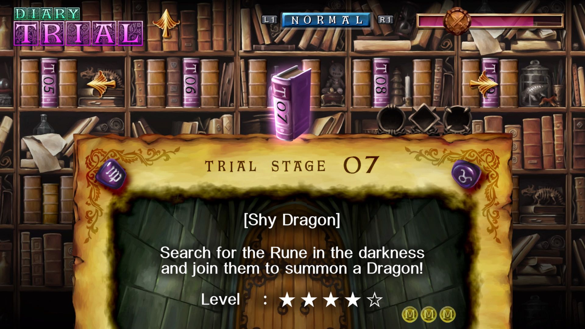GrimGrimoire OnceMore, Showing a Trial Stage worth three coins