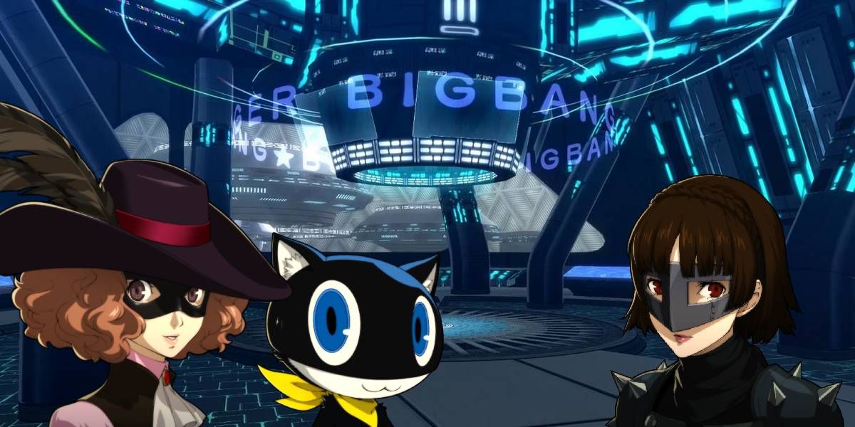 haru, morgana, and makoto in an open area of okumura's space port palace as the persona 5 best team for okumura