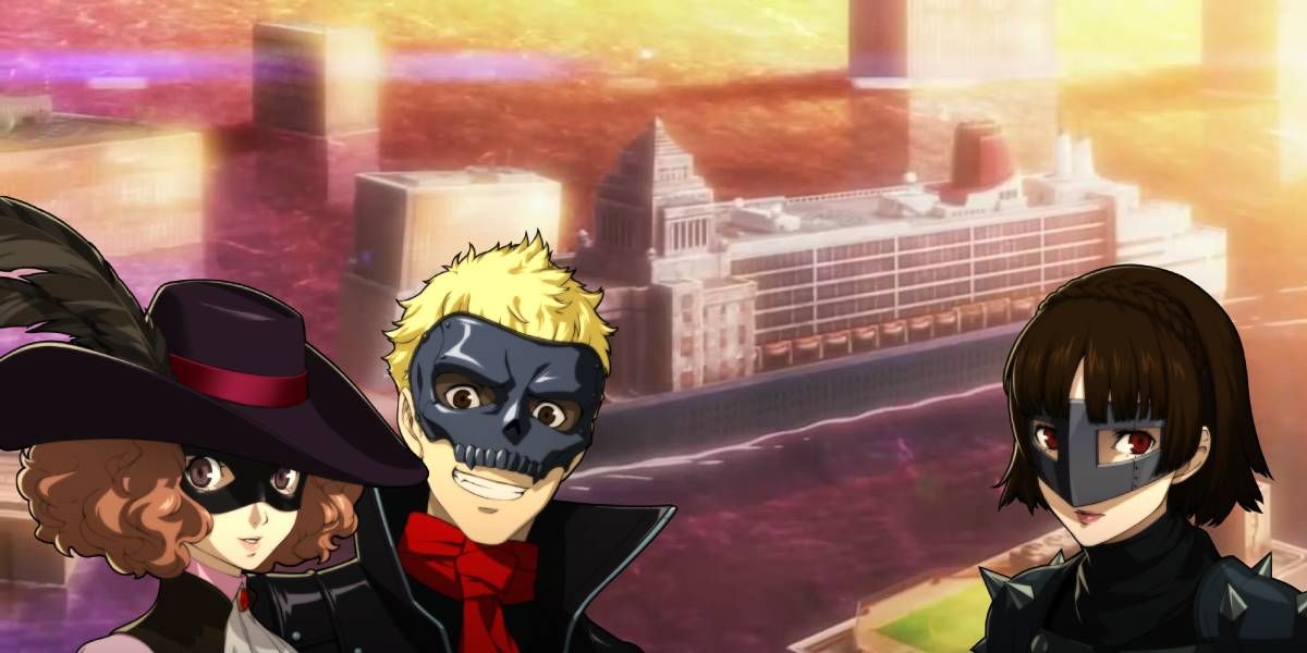 haru, ryuji, and makoto in front of shido's cruiseliner palace as the persona 5 best team for shido