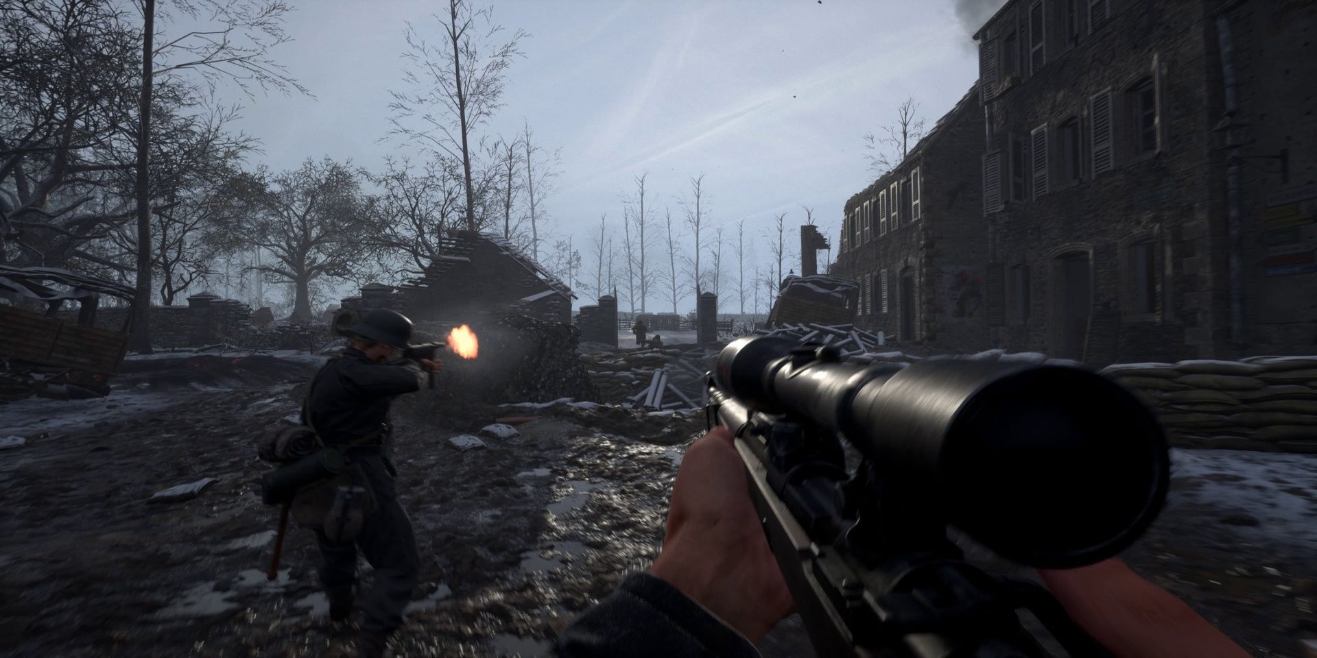 Soldiers shoot enemies in Hell Let Loose, one holding a sniper rifle.