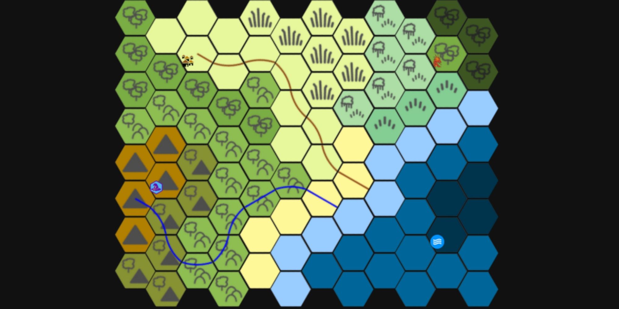 A simple dnd map made of colored and labeled hexagonal tiles to bring the scene together.