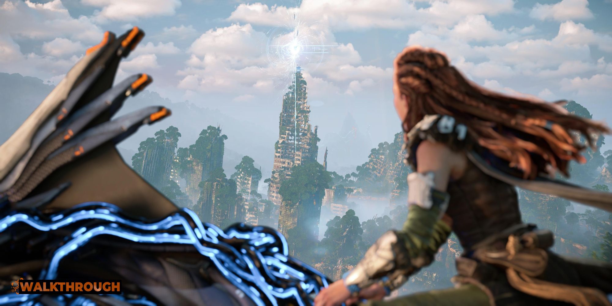 Aloy sees the defense tower in the burning shores before it fires