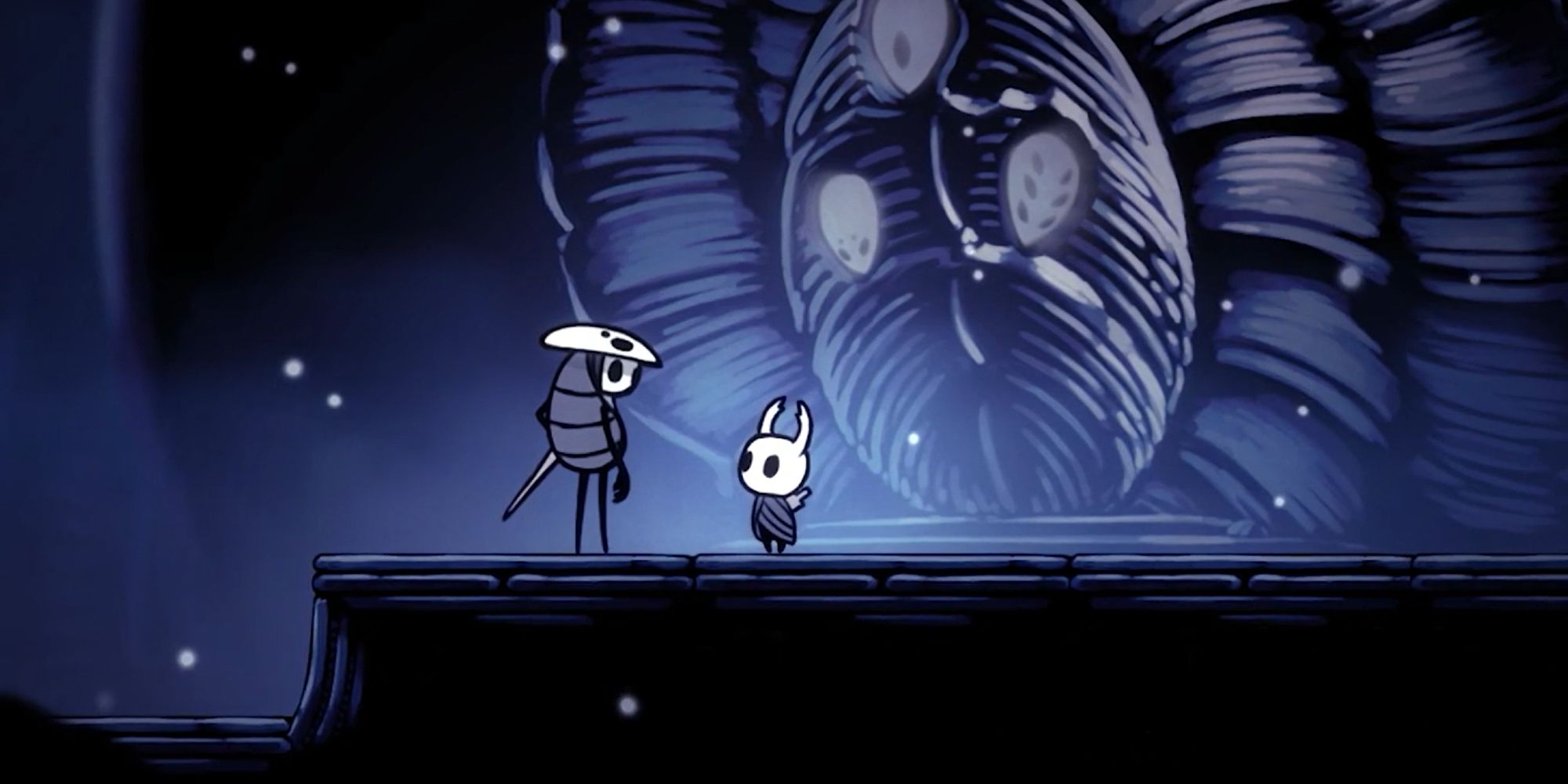 Hollow Knight main character talking to Quirrel in the black egg temple